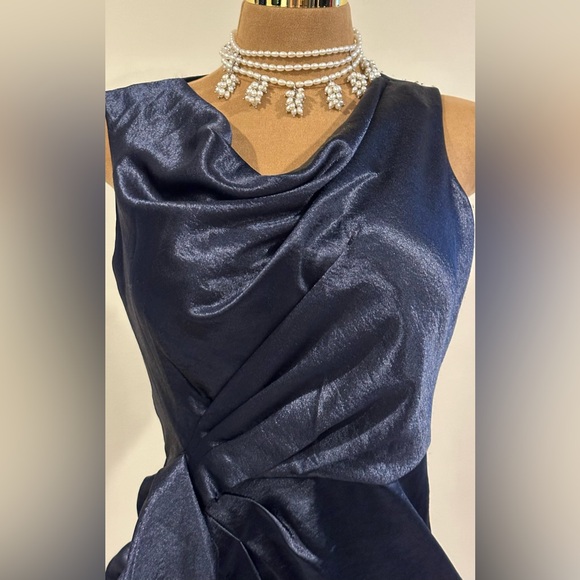 Anne Klien Satin Midnight Blue Midi Draped Cowl Neck Zipper Closure On Side Sz 6 - Picture 3 of 15